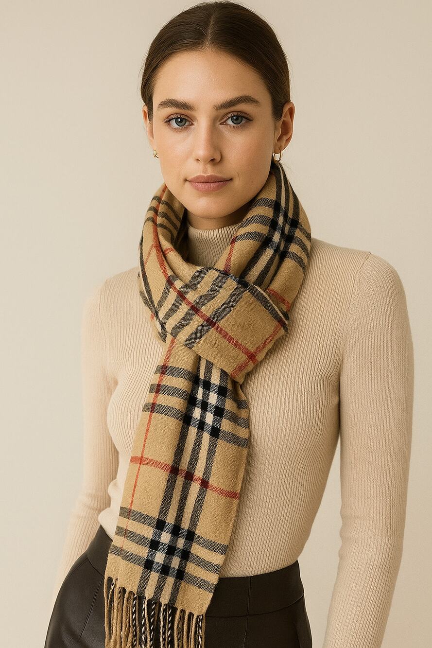 Check Archive Beige Black Rectangular Fringe Long Plaid Scarf 24Wx60L Preppy